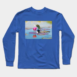 Yellow Billed Loon and Pink Lotus Flowers Long Sleeve T-Shirt